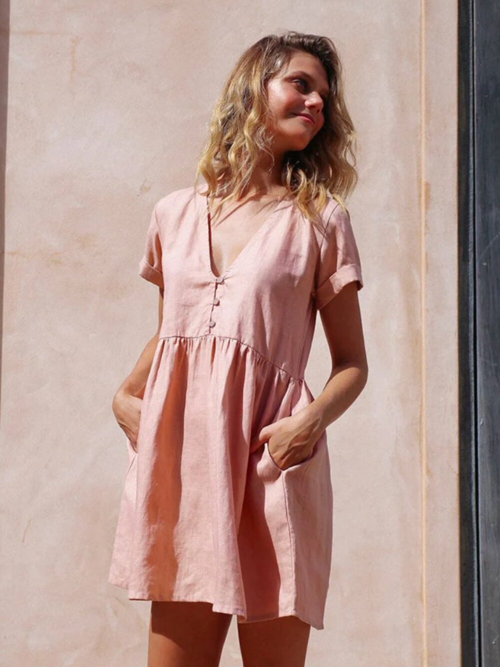 ROVE SUNCHASER Dress Rose Linen | French Flax Linen Babydoll Mini Dress